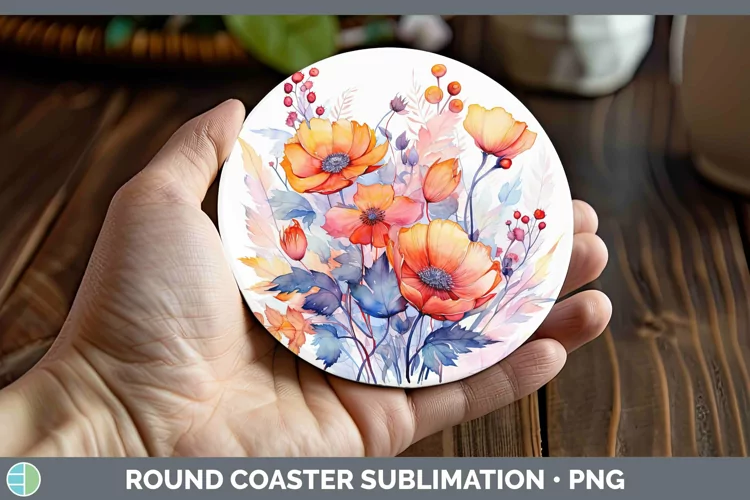 Autumn Watercolor Flowers Round Coaster Sublimation Coaster