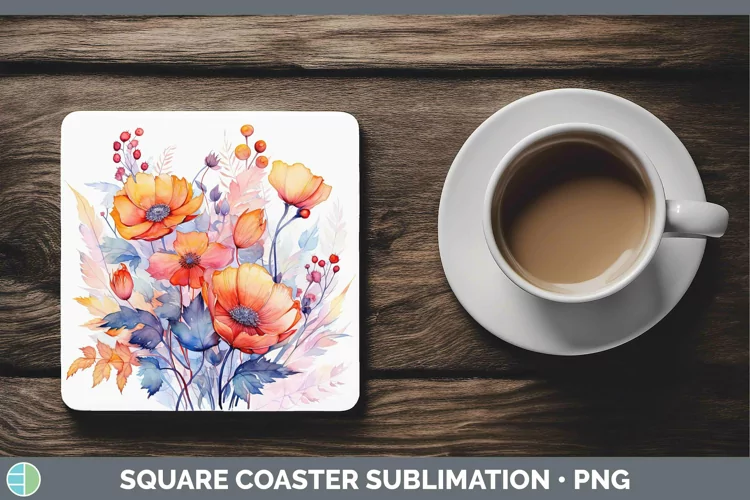 Autumn Watercolor Flowers Square Coaster Sublimation Coaster