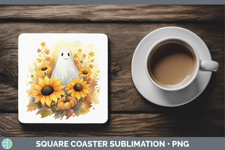 Autumn Watercolor Ghost Square Coaster Sublimation Coaster D