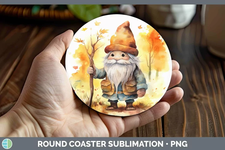 Autumn Watercolor Gnomes Round Coaster Sublimation Coaster D