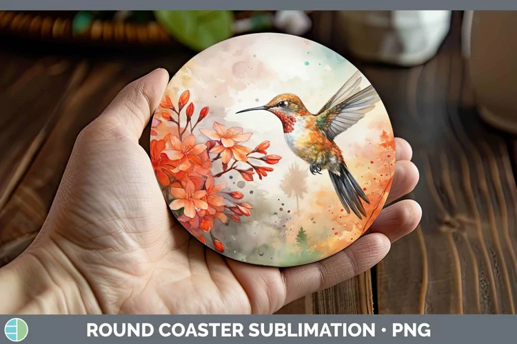 Autumn Watercolor Hummingbird Round Coaster Sublimation Coas