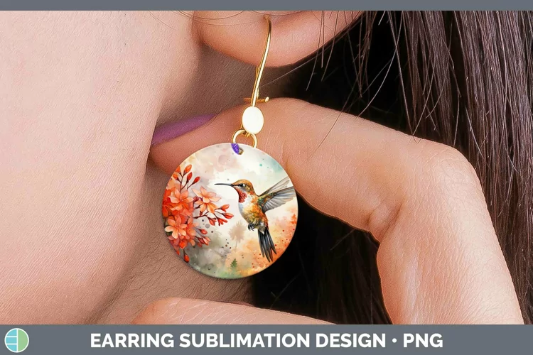 Autumn Watercolor Hummingbird Round Earrings Sublimation Ear