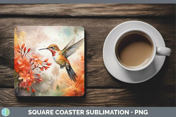 Autumn Watercolor Hummingbird Square Coaster Sublimation Coa