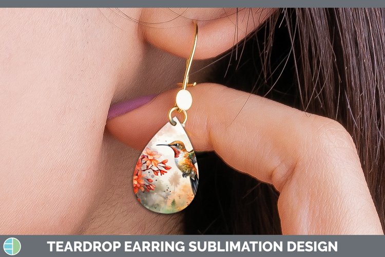 Autumn Watercolor Hummingbird Teardrop Earrings Sublimation