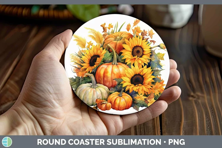 Autumn Watercolor Pumpkins Round Coaster Sublimation Coaster