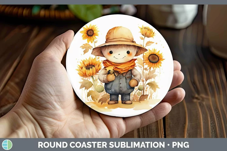 Autumn Watercolor Scarecrow Round Coaster Sublimation Coaste