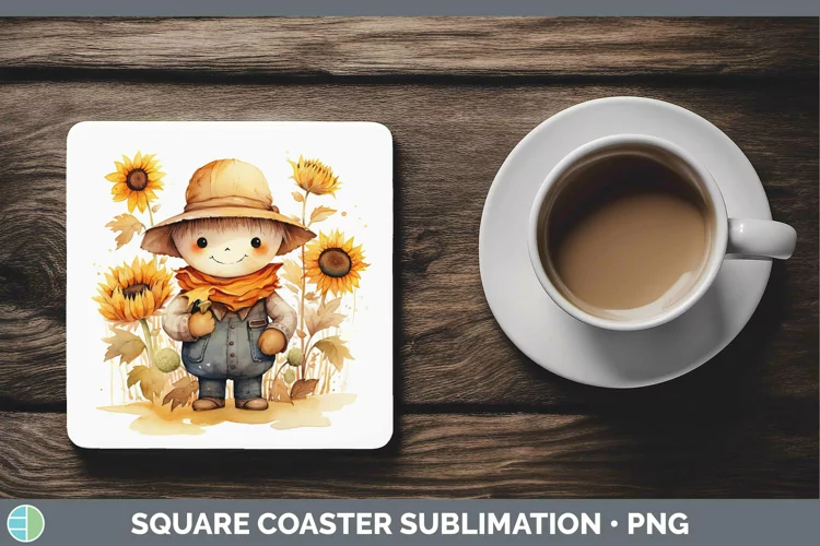 Autumn Watercolor Scarecrow Square Coaster Sublimation Coast