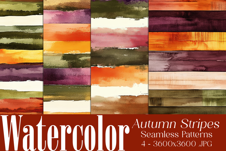 Autumn Seamless Patterns, Fall Watercolor Stripes Patterns 1