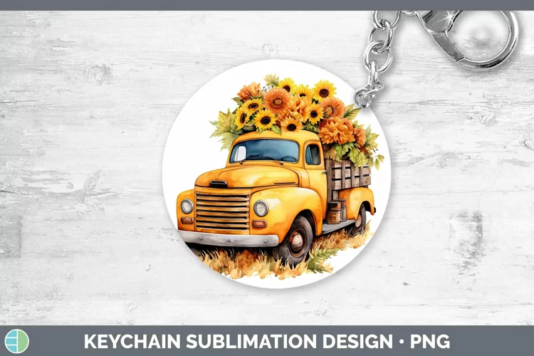 Autumn Watercolor Vintage Truck Keychain Sublimation Keyring