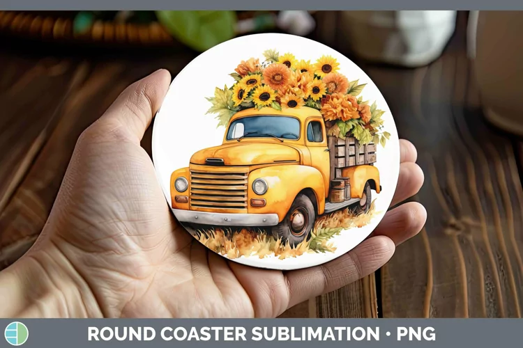 Autumn Watercolor Vintage Truck Round Coaster Sublimation Co