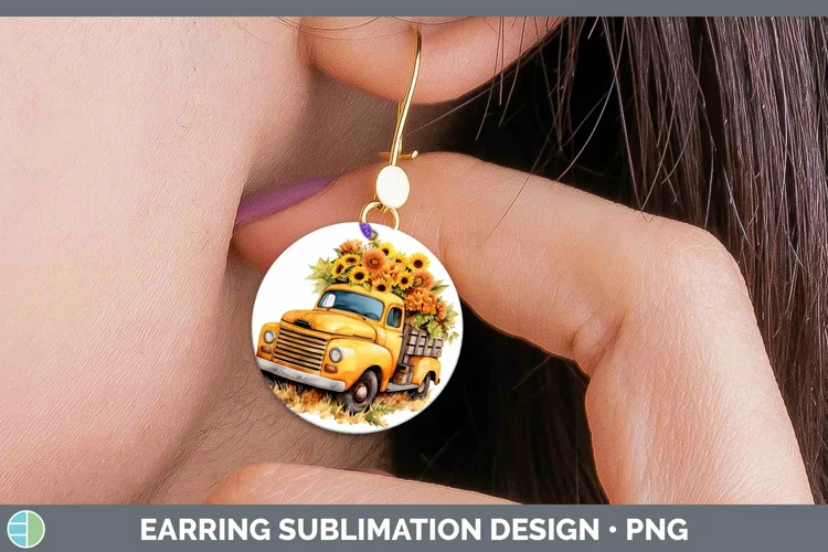 Autumn Watercolor Vintage Truck Round Earrings Sublimation E