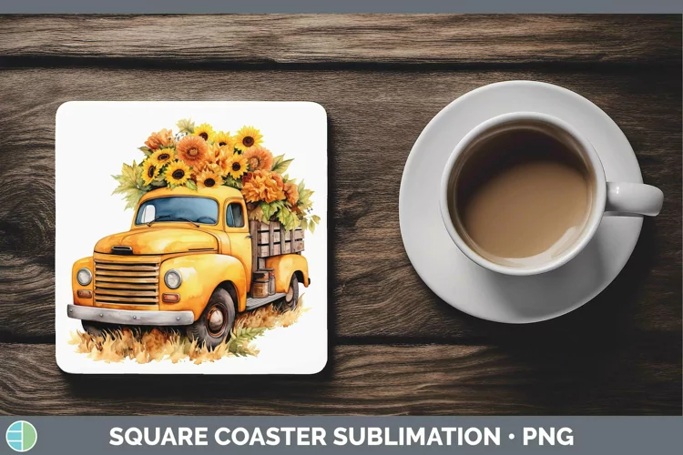 Autumn Watercolor Vintage Truck Square Coaster Sublimation C