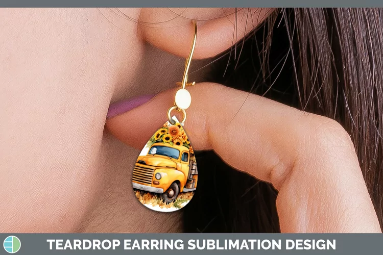 Autumn Watercolor Vintage Truck Teardrop Earrings Sublimatio