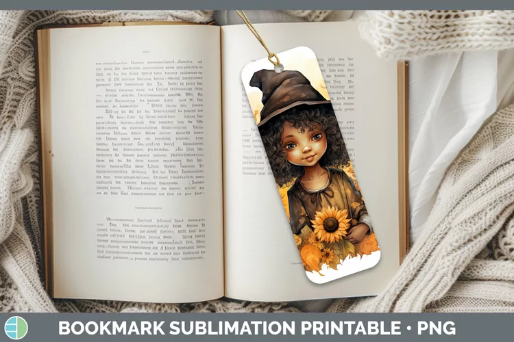 Autumn Watercolor Witch Bookmark Sublimation Printable Desig