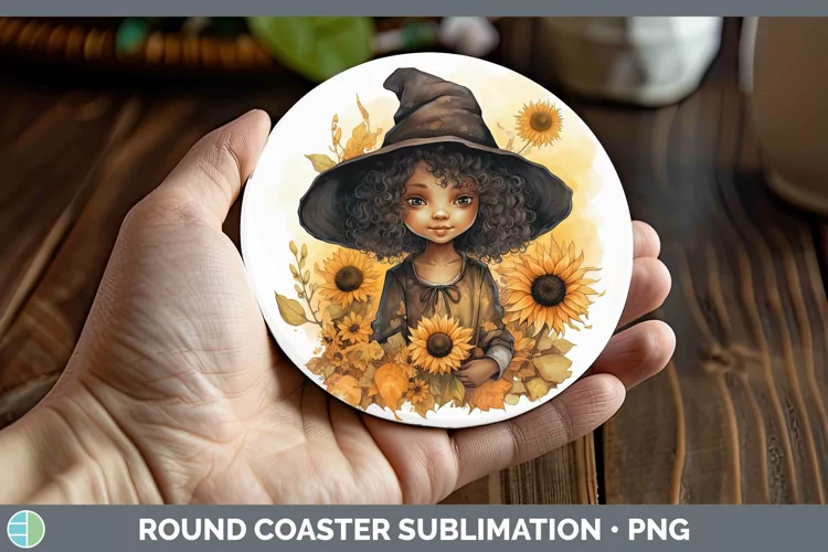 Autumn Watercolor Witch Round Coaster Sublimation Coaster De