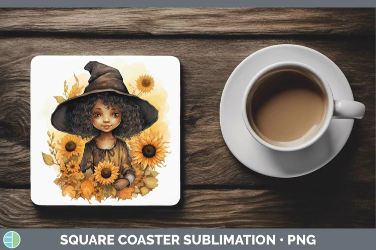 Autumn Watercolor Witch Square Coaster Sublimation Coaster D