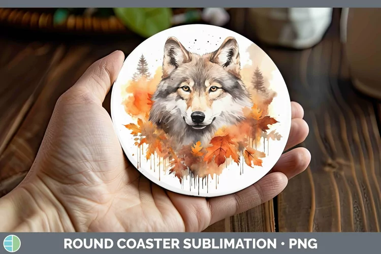Autumn Watercolor Wolf Round Coaster Sublimation Coaster Des