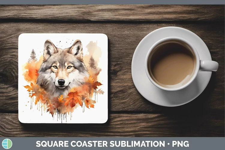 Autumn Watercolor Wolf Square Coaster Sublimation Coaster De