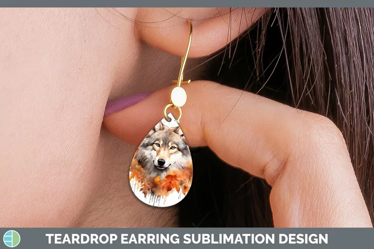 Autumn Watercolor Wolf Teardrop Earrings Sublimation Earring