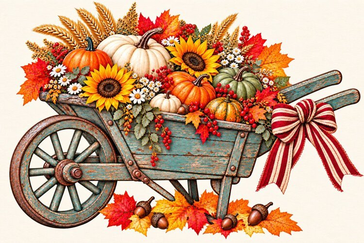 Vintage Autumn Wheelbarrow with Pumpkins PNG example image 1
