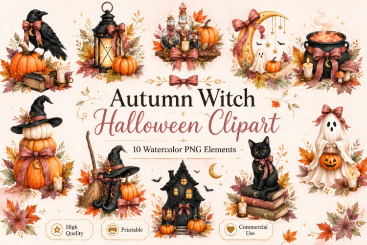 Autumn Witch Halloween Watercolor