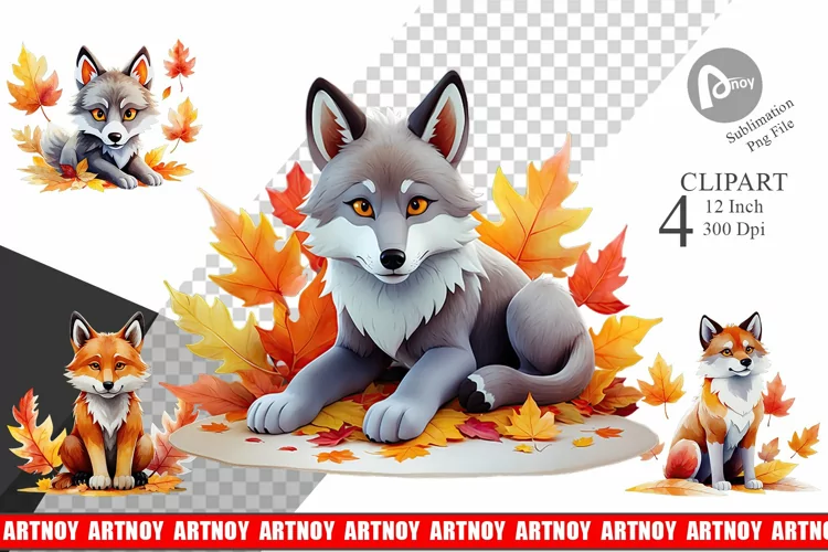 Autumn Wolf Watercolor Clipart
