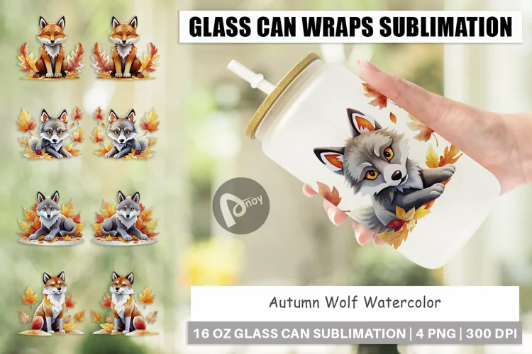 Glass Can Wraps Autumn Wolf Watercolor