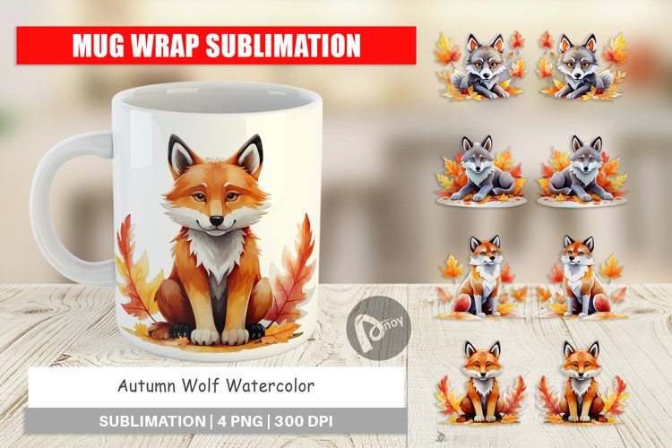 Mug Wrap Design Autumn Wolf Watercolor