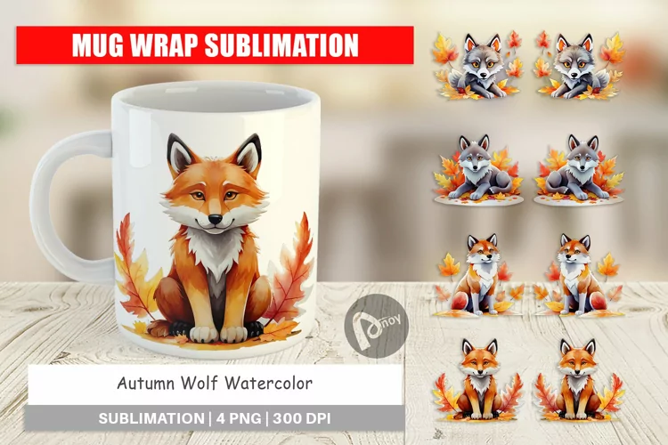 Mug Wrap Design Autumn Wolf Watercolor