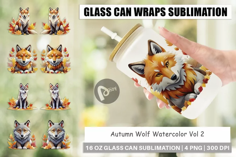 Glass Can Wraps Autumn Wolf Watercolor