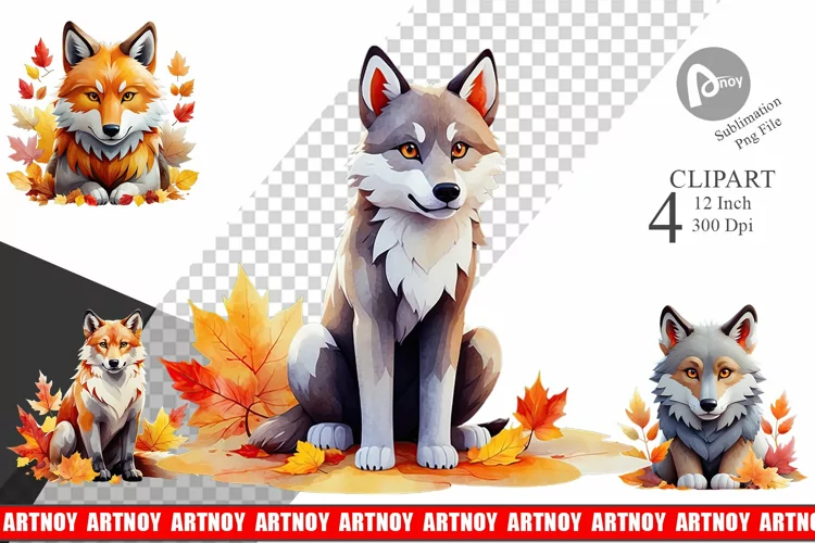 Autumn Wolf Watercolor Clipart