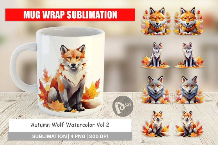 Mug Wrap Design Autumn Wolf Watercolor