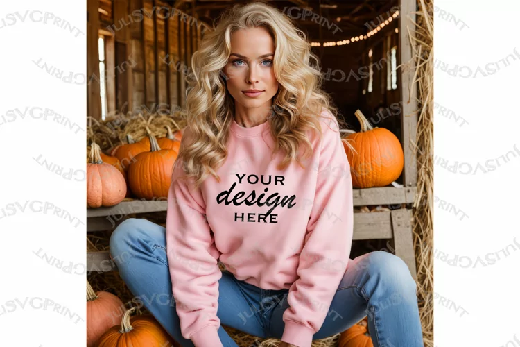 Woman Pink Sweatshirt mockup Autumn Long Sleeve model Mockup