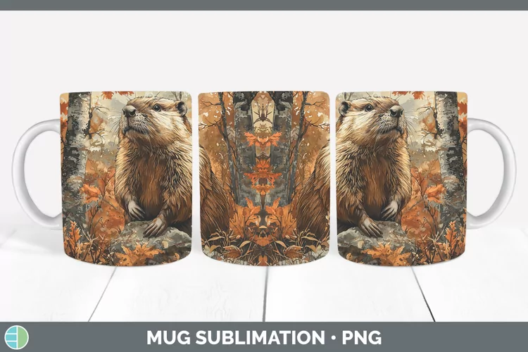 Autumn Woodland Animals Beaver Mug Wrap Sublimation Coffee C