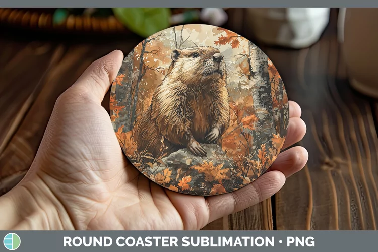 Autumn Woodland Animals Beaver Round Coaster Sublimation Coa