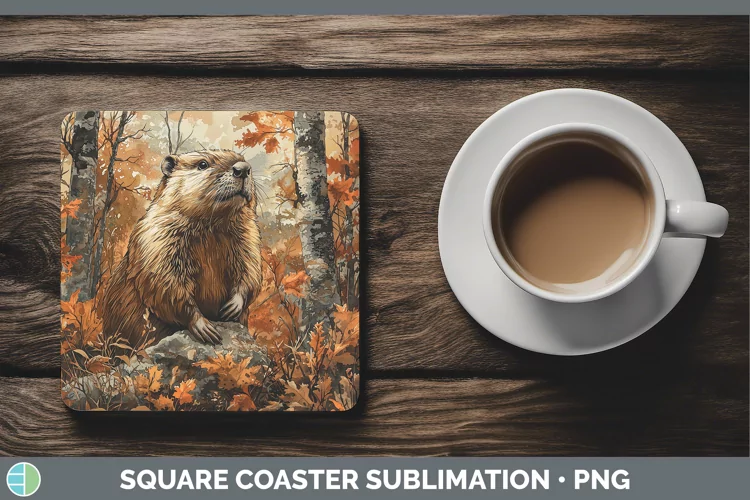 Autumn Woodland Animals Beaver Square Coaster Sublimation Co