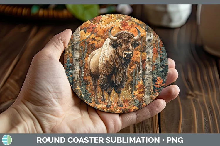 Autumn Woodland Animals Bison Round Coaster Sublimation Coas