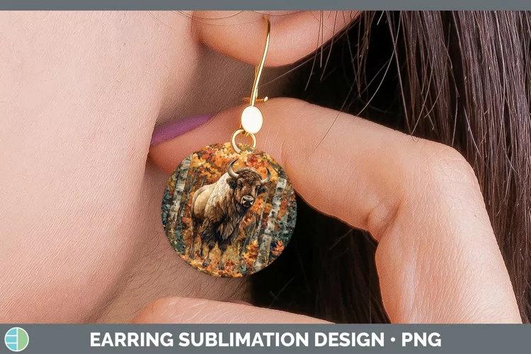 Autumn Woodland Animals Bison Round Earrings Sublimation Ear