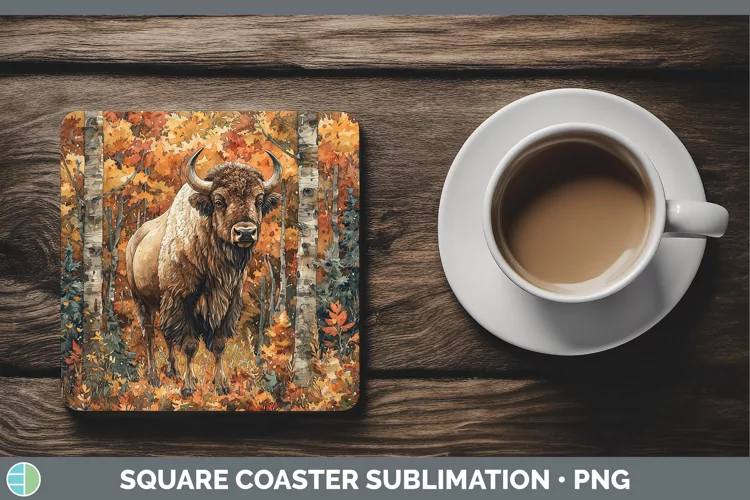 Autumn Woodland Animals Bison Square Coaster Sublimation Coa