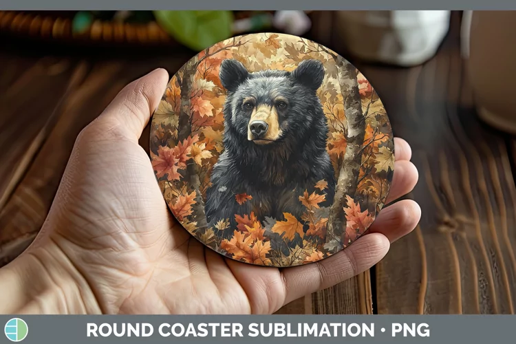 Autumn Woodland Animals Black Bear Round Coaster Sublimation