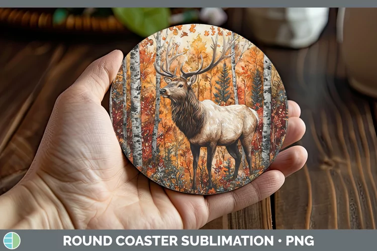 Autumn Woodland Animals Elk Round Coaster Sublimation Coaste