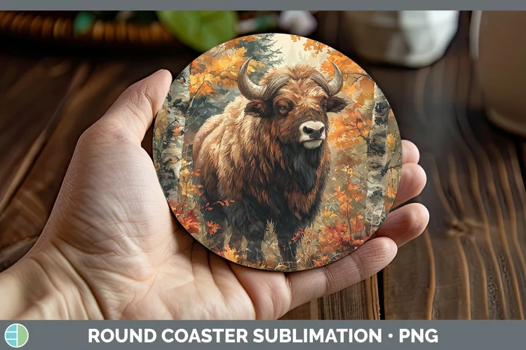 Autumn Woodland Animals Musk Ox Round Coaster Sublimation Co