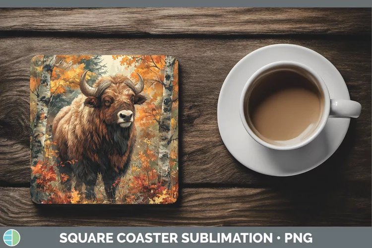 Autumn Woodland Animals Musk Ox Square Coaster Sublimation C