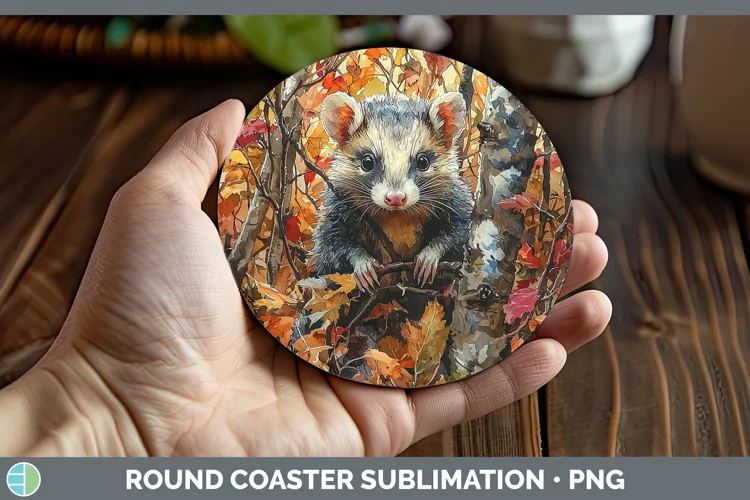 Autumn Woodland Animals Opossum Round Coaster Sublimation Co