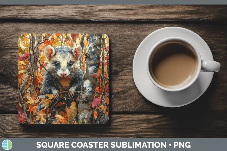 Autumn Woodland Animals Opossum Square Coaster Sublimation C