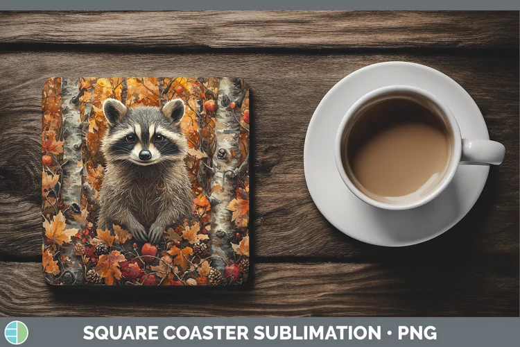 Autumn Woodland Animals Raccoon Square Coaster Sublimation C
