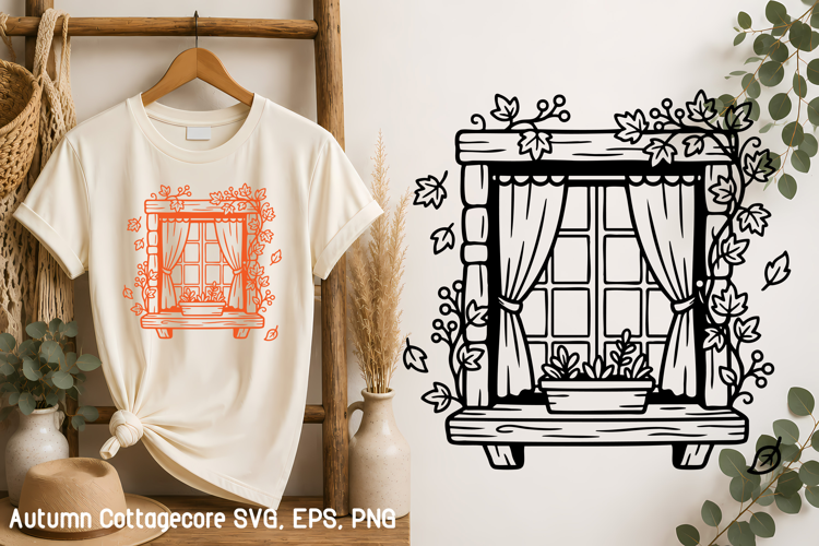 Autumn Cottage Window with Leaves SVG