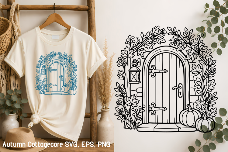 Autumn Cottage Door with Pumpkins SVG