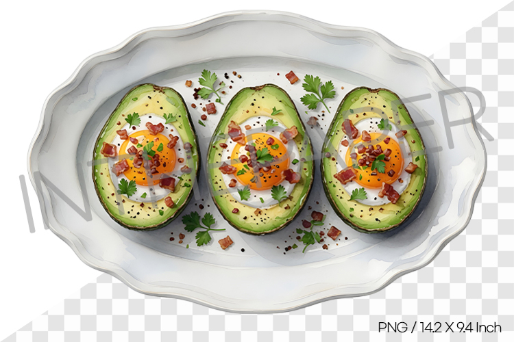 Avocado Baked Eggs Watercolor Illustration PNG
