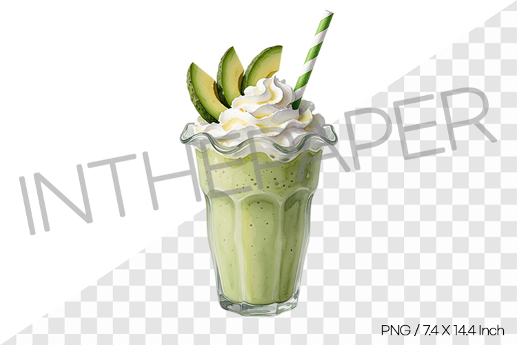 Avocado Milkshake Watercolor Clipart Illustration PNG